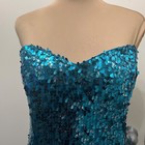 Sean Collection Sequined Lattice Back Mermaid Gown Dress Strapless Aqua Teal 10 - Picture 4 of 14